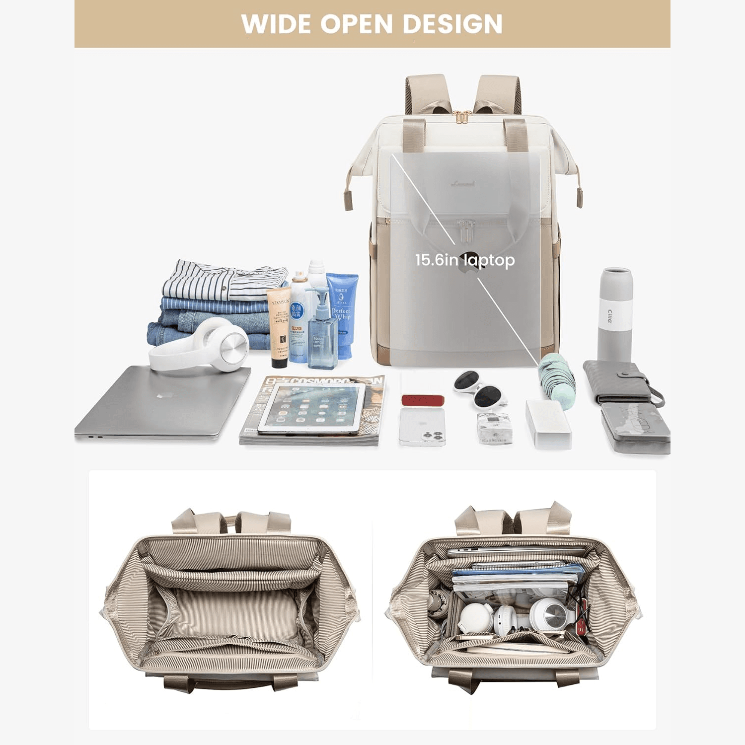 Moderner Rucksack Damen beige inhalt ausgelegt