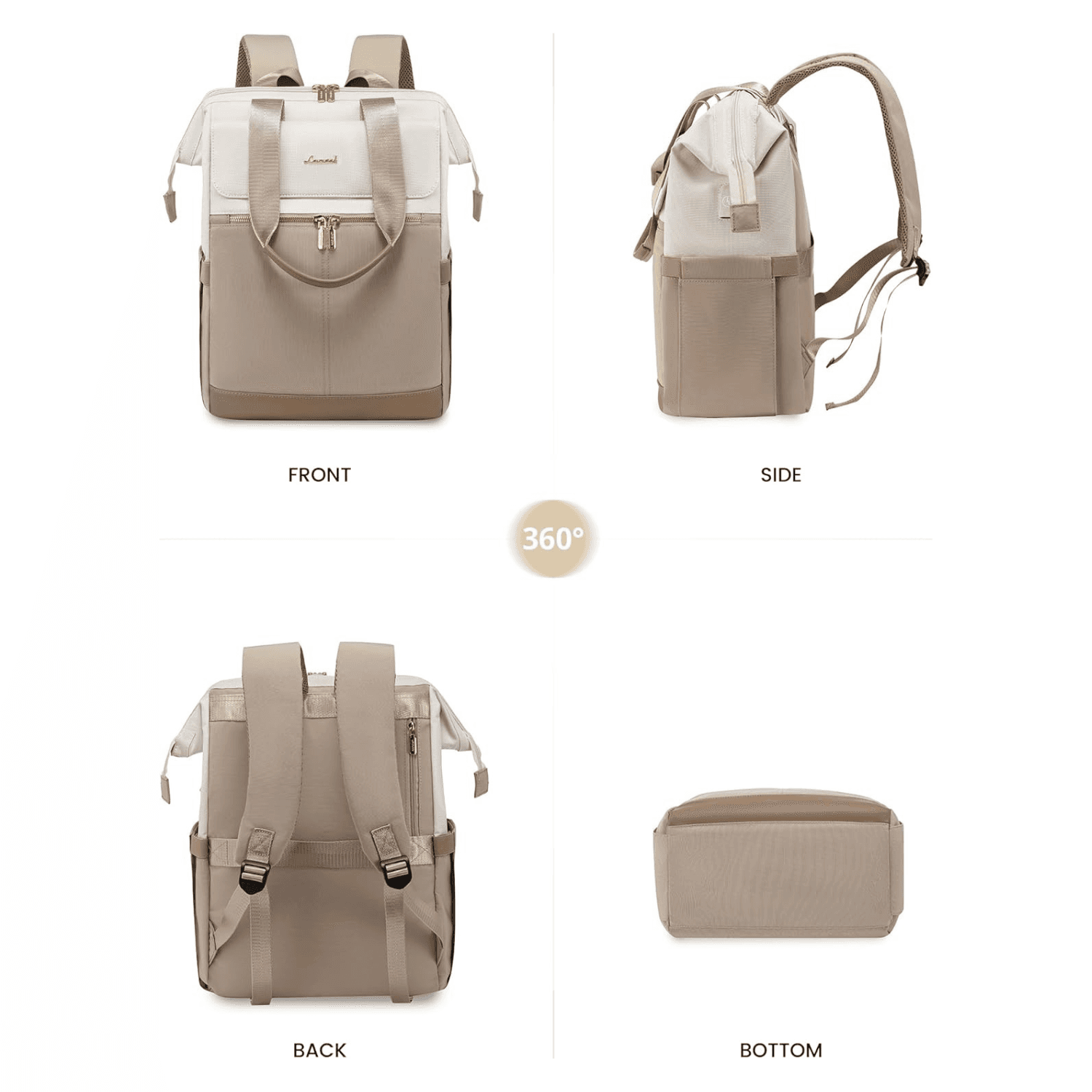 Moderner Rucksack Damen beige alle seiten