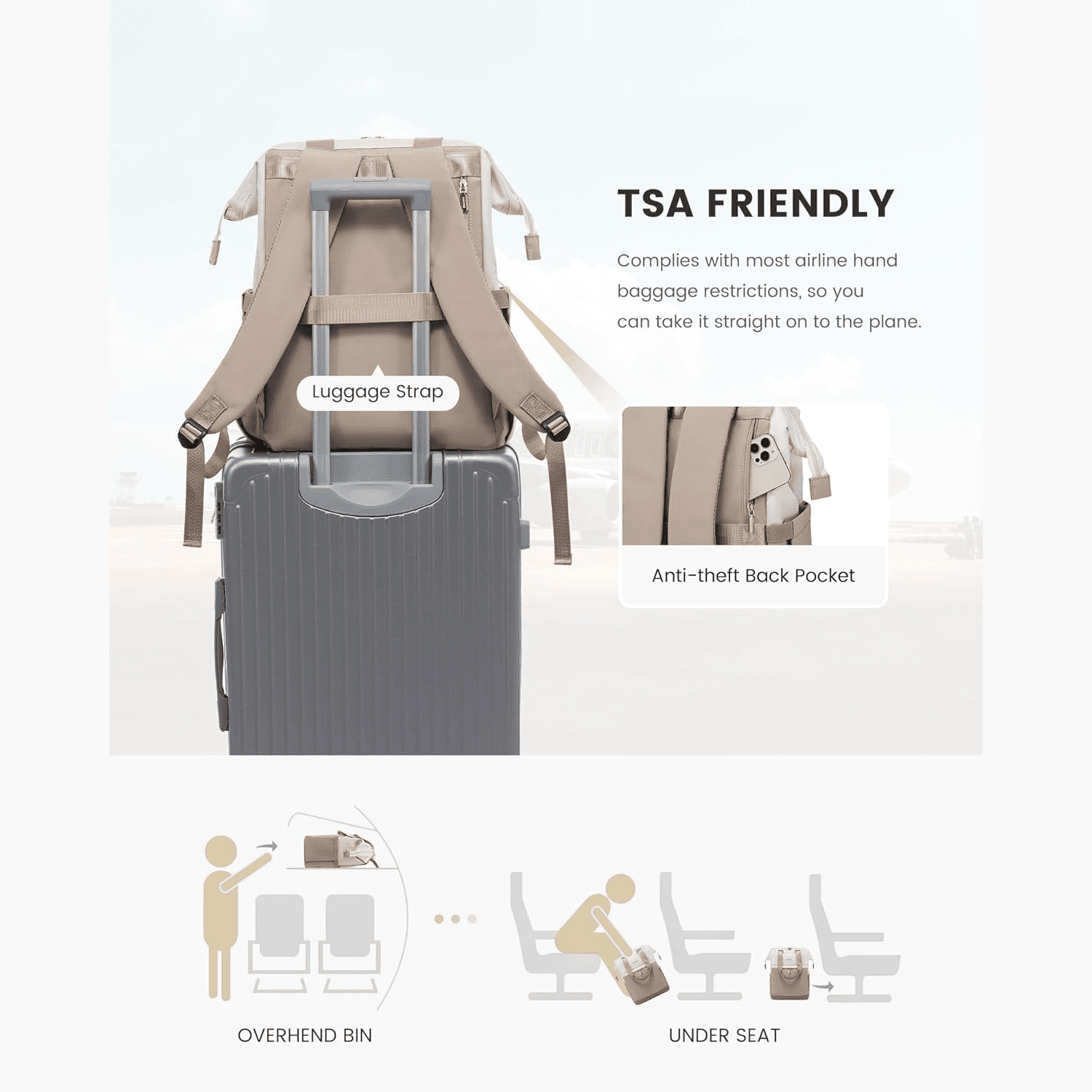 Moderner Rucksack Damen beige hinten info