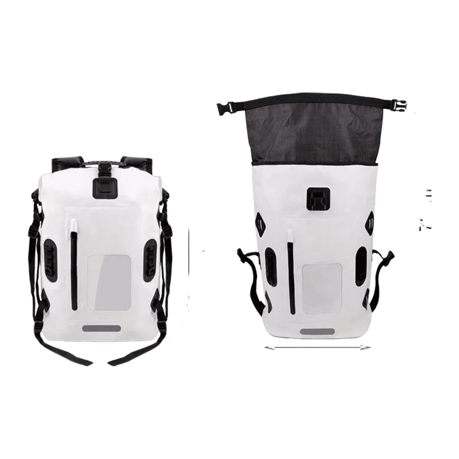 Zwei weiße Schwimmrucksäcke (30L, wasserdicht) stehen nebeneinander - einer geschlossen und kompakt (44cm x 15cm Boden), der andere offen (72cm hoch, 43cm breit). Maßlinien markieren die Maße des Rucksacks für Schwimmer.