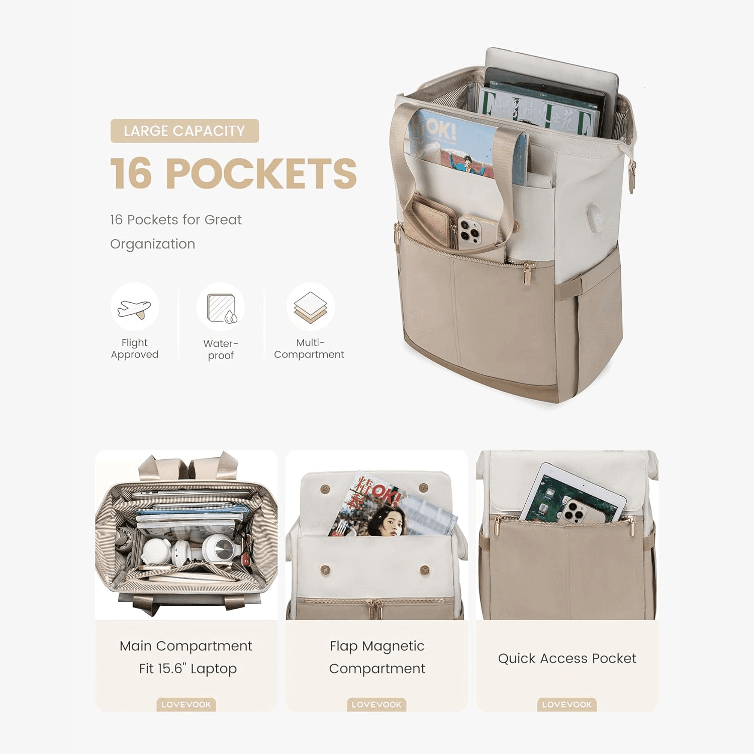 Moderner Rucksack Damen beige innen