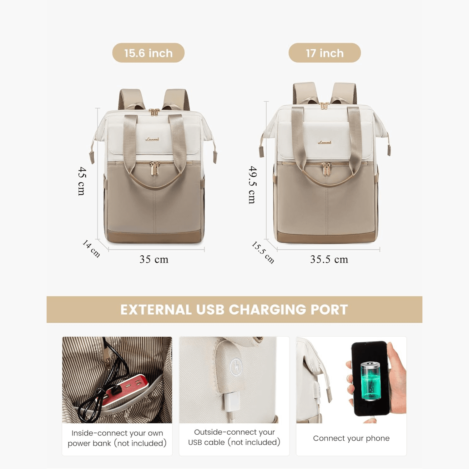 Moderner Rucksack Damen beige hinten info maßen