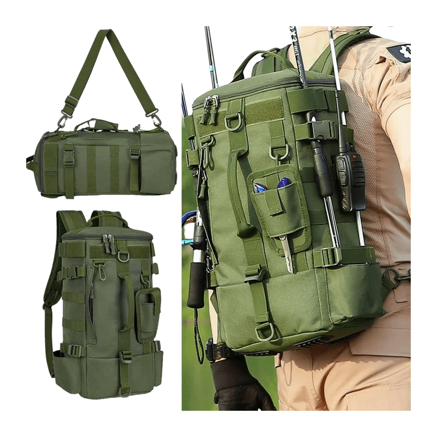 Angeltasche mit Tackle-Boxen gruen
