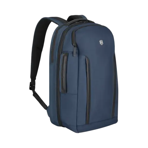 Ein marineblauer Laptop-Rucksack mit schwarzen Reißverschlüssen und Akzenten, gepolsterten Schultergurten und mehreren Fächern auf weißem Hintergrund.