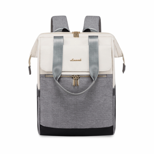 Ein stilvoller, moderner Damenrucksack mit beigen, grauen und schwarzen Farbblöcken, goldenen Reißverschlüssen, einer Vordertasche, zwei Tragegriffen, verstellbaren Trägern und Laptopfach. Der Markenname erscheint in goldener Schrift auf der Frontklappe.