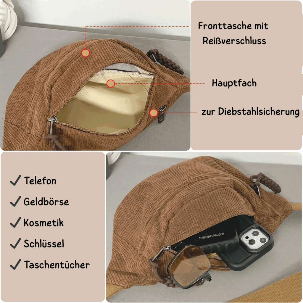 Bauchtasche cord Damen groß details