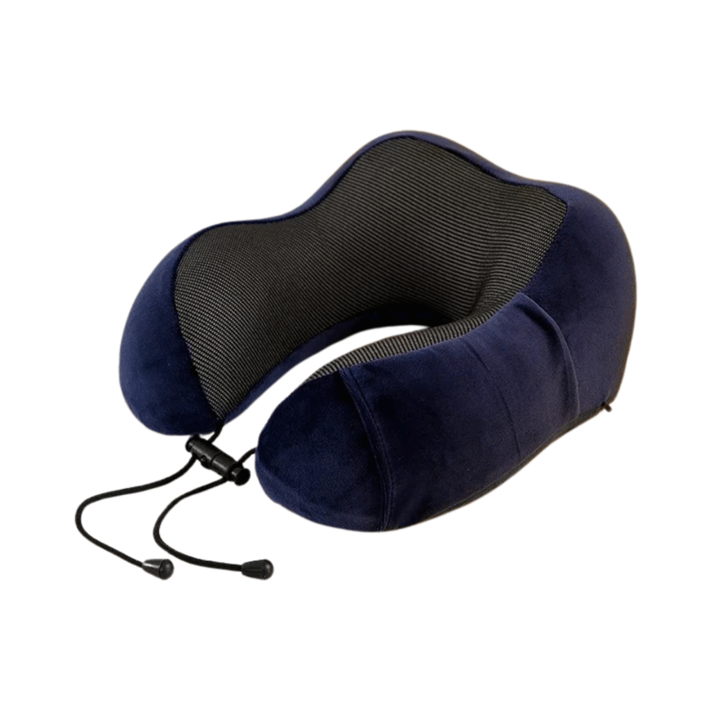 Ein dunkelblaues Nackenhörnchen-Reise-Nackenkissen aus Memory-Schaum mit schwarzem Netzfutter und verstellbarem Kordelzug, abgebildet auf weißem Hintergrund.