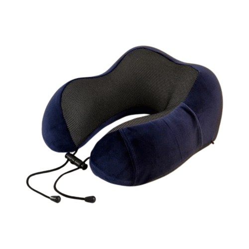 Ein dunkelblaues Nackenhörnchen-Reise-Nackenkissen aus Memory-Schaum mit schwarzem Netzfutter und verstellbarem Kordelzug, abgebildet auf weißem Hintergrund.