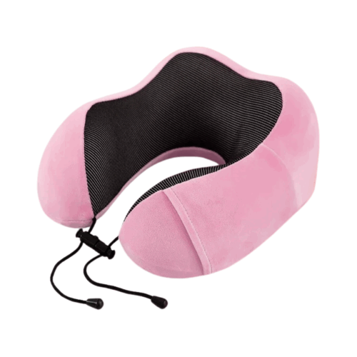 Ein rosafarbenes Nackenhörnchen-Reise-Nackenkissen aus Memory-Schaum mit schwarzem Innenfutter und verstellbarem Kordelzug, abgebildet auf weißem Hintergrund.