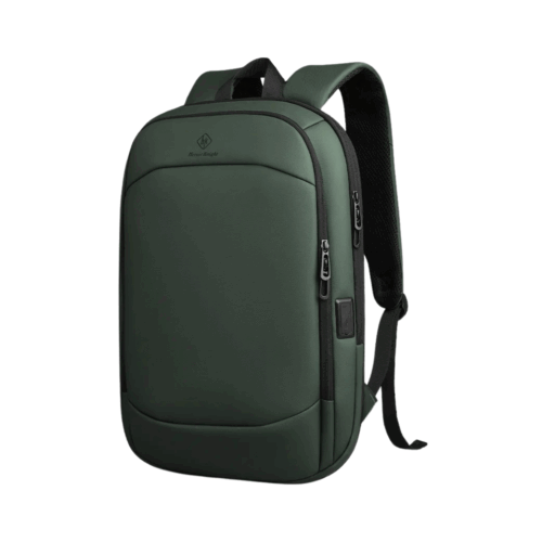 Ein eleganter, dunkelgrüner Notebook-Rucksack mit schwarzen Reißverschlüssen und Riemen, im minimalistischen Design, mit gepolsterten Schultergurten und einem kleinen Logo oben – perfekt als Laptop-Rucksack 17 Zoll für den täglichen Gebrauch.