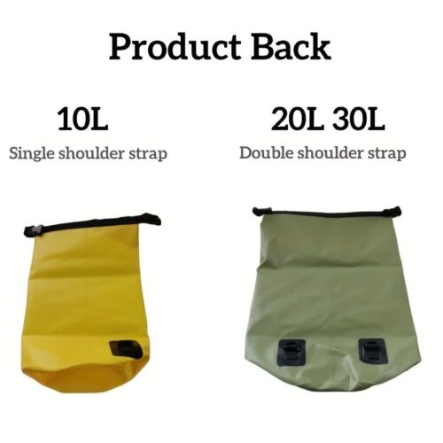 Links ist eine gelbe 10L Schwimmtasche (Einzelgurt) und rechts ein grüner 20L/30L Wasserdichter Rucksack, Seesack Groß (Doppelgurt). Oben steht „Product Back“.